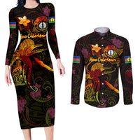 New Caledonia Couples Matching Long Sleeve Bodycon Dress and Long Sleeve Button Shirt Octopus Plumeria Polynesian Tattoo DT02 Black - Polynesian Pride