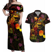 Tahiti French Polynesia Couples Matching Off Shoulder Maxi Dress and Hawaiian Shirt Octopus Plumeria Polynesian Tattoo DT02 Black - Polynesian Pride