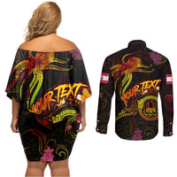 Tahiti French Polynesia Couples Matching Off Shoulder Short Dress and Long Sleeve Button Shirt Octopus Plumeria Polynesian Tattoo DT02 - Polynesian Pride
