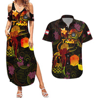 Tahiti French Polynesia Couples Matching Summer Maxi Dress and Hawaiian Shirt Octopus Plumeria Polynesian Tattoo DT02 Black - Polynesian Pride