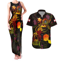 Tahiti French Polynesia Couples Matching Tank Maxi Dress and Hawaiian Shirt Octopus Plumeria Polynesian Tattoo DT02 Black - Polynesian Pride