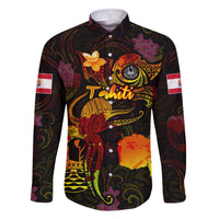 Tahiti French Polynesia Family Matching Off The Shoulder Long Sleeve Dress and Hawaiian Shirt Octopus Plumeria Polynesian Tattoo DT02 Dad's Shirt - Long Sleeve Black - Polynesian Pride
