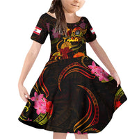 Tahiti French Polynesia Family Matching Off Shoulder Short Dress and Hawaiian Shirt Octopus Plumeria Polynesian Tattoo DT02 Daughter's Dress Black - Polynesian Pride