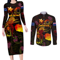 Cook Islands Couples Matching Long Sleeve Bodycon Dress and Long Sleeve Button Shirt Octopus Plumeria Polynesian Tattoo DT02 Black - Polynesian Pride