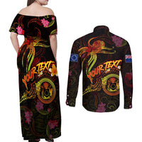 Cook Islands Couples Matching Off Shoulder Maxi Dress and Long Sleeve Button Shirt Octopus Plumeria Polynesian Tattoo