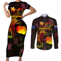 Cook Islands Couples Matching Short Sleeve Bodycon Dress and Long Sleeve Button Shirt Octopus Plumeria Polynesian Tattoo DT02 Black - Polynesian Pride