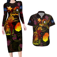 Nauru Couples Matching Long Sleeve Bodycon Dress and Hawaiian Shirt Octopus Plumeria Polynesian Tattoo DT02 Black - Polynesian Pride
