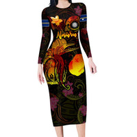 Nauru Family Matching Long Sleeve Bodycon Dress and Hawaiian Shirt Octopus Plumeria Polynesian Tattoo DT02 Mom's Dress Black - Polynesian Pride