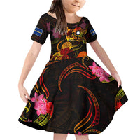 Nauru Family Matching Off Shoulder Short Dress and Hawaiian Shirt Octopus Plumeria Polynesian Tattoo DT02 Daughter's Dress Black - Polynesian Pride