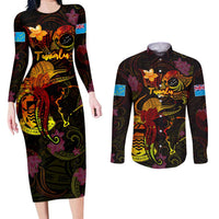Tuvalu Couples Matching Long Sleeve Bodycon Dress and Long Sleeve Button Shirt Octopus Plumeria Polynesian Tattoo DT02 Black - Polynesian Pride