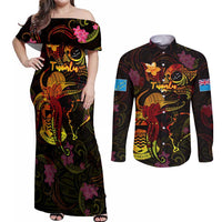 Tuvalu Couples Matching Off Shoulder Maxi Dress and Long Sleeve Button Shirt Octopus Plumeria Polynesian Tattoo