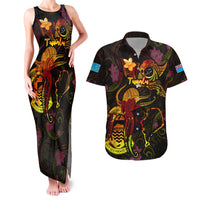Tuvalu Couples Matching Tank Maxi Dress and Hawaiian Shirt Octopus Plumeria Polynesian Tattoo DT02 Black - Polynesian Pride