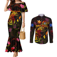 Northern Mariana Islands Couples Matching Mermaid Dress and Long Sleeve Button Shirt Octopus Plumeria Polynesian Tattoo DT02 Black - Polynesian Pride
