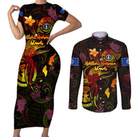 Northern Mariana Islands Couples Matching Short Sleeve Bodycon Dress and Long Sleeve Button Shirt Octopus Plumeria Polynesian Tattoo DT02 Black - Polynesian Pride