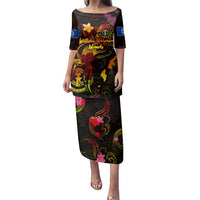 Northern Mariana Islands Family Matching Puletasi and Hawaiian Shirt Octopus Plumeria Polynesian Tattoo DT02 Mom's Dress Black - Polynesian Pride