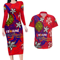Personalized Philippines 12 June Independence Day Couples Matching Long Sleeve Bodycon Dress and Hawaiian Shirt Polynesian Turtle Plumeria DT02 Red - Polynesian Pride