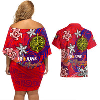 Personalized Philippines 12 June Independence Day Couples Matching Off Shoulder Short Dress and Hawaiian Shirt Polynesian Turtle Plumeria