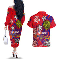 Personalized Philippines 12 June Independence Day Couples Matching Off The Shoulder Long Sleeve Dress and Hawaiian Shirt Polynesian Turtle Plumeria DT02 - Polynesian Pride
