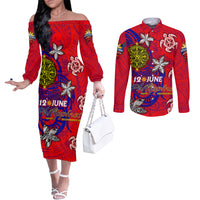 Personalized Philippines 12 June Independence Day Couples Matching Off The Shoulder Long Sleeve Dress and Long Sleeve Button Shirt Polynesian Turtle Plumeria DT02 Red - Polynesian Pride