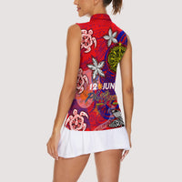 Personalized Philippines 12 June Independence Day Women Sleeveless Polo Shirt Polynesian Turtle Plumeria