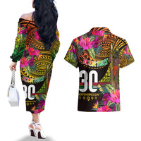 Personalised Vanuatu Independence Day 30 July Couples Matching Off The Shoulder Long Sleeve Dress and Hawaiian Shirt Hibiscus Polynesian Pattern DT02 - Polynesian Pride
