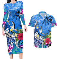 Aloha Hawaii Couples Matching Long Sleeve Bodycon Dress and Hawaiian Shirt Dolphins and Fish Hook Hibiscus DT02 Blue - Polynesian Pride