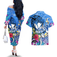Aloha Hawaii Couples Matching Off The Shoulder Long Sleeve Dress and Hawaiian Shirt Dolphins and Fish Hook Hibiscus DT02 - Polynesian Pride