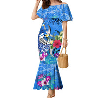 Aloha Hawaii Family Matching Mermaid Dress and Hawaiian Shirt Dolphins and Fish Hook Hibiscus DT02 Mom's Dress Blue - Polynesian Pride