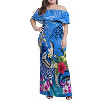Aloha Hawaii Family Matching Off Shoulder Maxi Dress and Hawaiian Shirt Dolphins and Fish Hook Hibiscus DT02 Mom's Dress Blue - Polynesian Pride