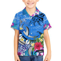 Aloha Hawaii Family Matching Off Shoulder Short Dress and Hawaiian Shirt Dolphins and Fish Hook Hibiscus DT02 Son's Shirt Blue - Polynesian Pride