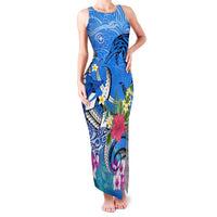 Aloha Hawaii Family Matching Tank Maxi Dress and Hawaiian Shirt Dolphins and Fish Hook Hibiscus DT02 Mom's Dress Blue - Polynesian Pride