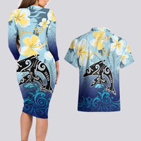 Mother And Baby Dolphins Couples Matching Long Sleeve Bodycon Dress and Hawaiian Shirt Hawaii Hibiscus DT02 - Polynesian Pride