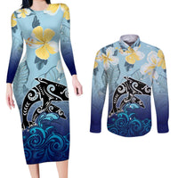 Mother And Baby Dolphins Couples Matching Long Sleeve Bodycon Dress and Long Sleeve Button Shirt Hawaii Hibiscus DT02 Blue - Polynesian Pride