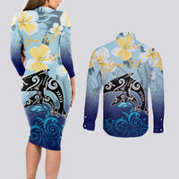 Mother And Baby Dolphins Couples Matching Long Sleeve Bodycon Dress and Long Sleeve Button Shirt Hawaii Hibiscus DT02 - Polynesian Pride