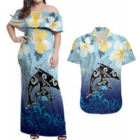 Mother And Baby Dolphins Couples Matching Off Shoulder Maxi Dress and Hawaiian Shirt Hawaii Hibiscus DT02 Blue - Polynesian Pride
