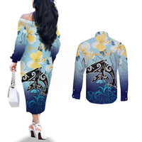 Mother And Baby Dolphins Couples Matching Off The Shoulder Long Sleeve Dress and Long Sleeve Button Shirt Hawaii Hibiscus DT02 - Polynesian Pride