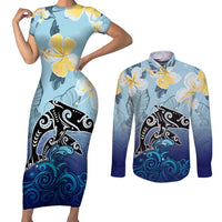 Mother And Baby Dolphins Couples Matching Short Sleeve Bodycon Dress and Long Sleeve Button Shirt Hawaii Hibiscus DT02 Blue - Polynesian Pride