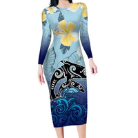Mother And Baby Dolphins Family Matching Long Sleeve Bodycon Dress and Hawaiian Shirt Hawaii Hibiscus DT02 Mom's Dress Blue - Polynesian Pride