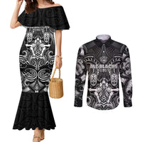 Personalized All Black Couples Matching Mermaid Dress and Long Sleeve Button Shirt New Zealand Rugby Mascot Maori DT02 Black - Polynesian Pride