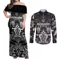 Personalized All Black Couples Matching Off Shoulder Maxi Dress and Long Sleeve Button Shirt New Zealand Rugby Mascot Maori DT02 Black - Polynesian Pride
