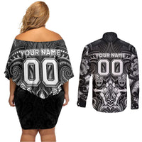 Personalized All Black Couples Matching Off Shoulder Short Dress and Long Sleeve Button Shirt New Zealand Rugby Mascot Maori DT02 - Polynesian Pride
