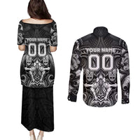 Personalized All Black Couples Matching Puletasi and Long Sleeve Button Shirt New Zealand Rugby Mascot Maori DT02 - Polynesian Pride