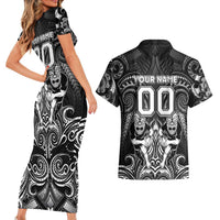 Personalized All Black Couples Matching Short Sleeve Bodycon Dress and Hawaiian Shirt New Zealand Rugby Mascot Maori DT02 - Polynesian Pride