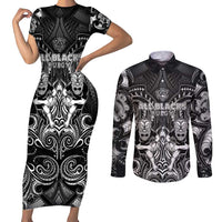 Personalized All Black Couples Matching Short Sleeve Bodycon Dress and Long Sleeve Button Shirt New Zealand Rugby Mascot Maori DT02 Black - Polynesian Pride