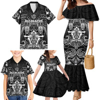 Personalized All Black Family Matching Mermaid Dress and Hawaiian Shirt New Zealand Rugby Mascot Maori DT02 - Polynesian Pride