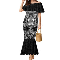 Personalized All Black Family Matching Mermaid Dress and Hawaiian Shirt New Zealand Rugby Mascot Maori DT02 Mom's Dress Black - Polynesian Pride