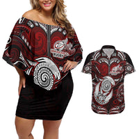 Personalized New Zealand Aotearoa Rugby Couples Matching Off Shoulder Short Dress and Hawaiian Shirt Maori Fern Tattoo Art DT02 Red - Polynesian Pride