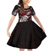 Personalized New Zealand Aotearoa Rugby Family Matching Off Shoulder Short Dress and Hawaiian Shirt Maori Fern Tattoo Art DT02 Daughter's Dress Red - Polynesian Pride