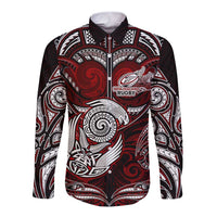 Personalized New Zealand Aotearoa Rugby Long Sleeve Button Shirt Maori Fern Tattoo Art DT02 Unisex Red - Polynesian Pride