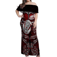 Personalized New Zealand Aotearoa Rugby Off Shoulder Maxi Dress Maori Fern Tattoo Art DT02 Women Red - Polynesian Pride